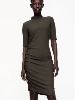 ZARA MOCK-NECK RIBBED RUCHED FITTED DRESS Medium